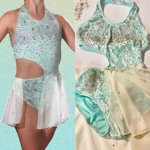 Glamour solo dance costume aqua blue lyrical embellished leotard dress XLC SA